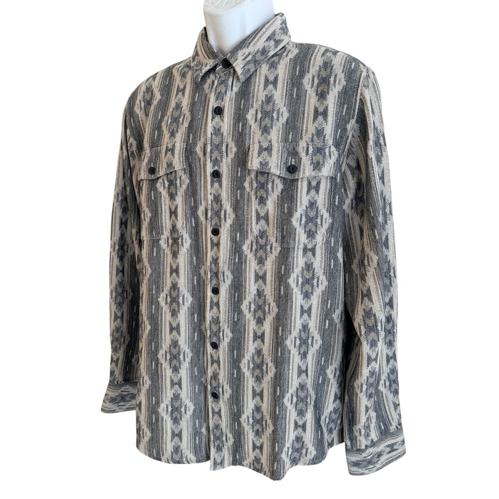 Sun + Stone Men Flannel Shirt L Aztec Southwest Tribal Gray Cotton Western Ranch - Picture 5 of 10